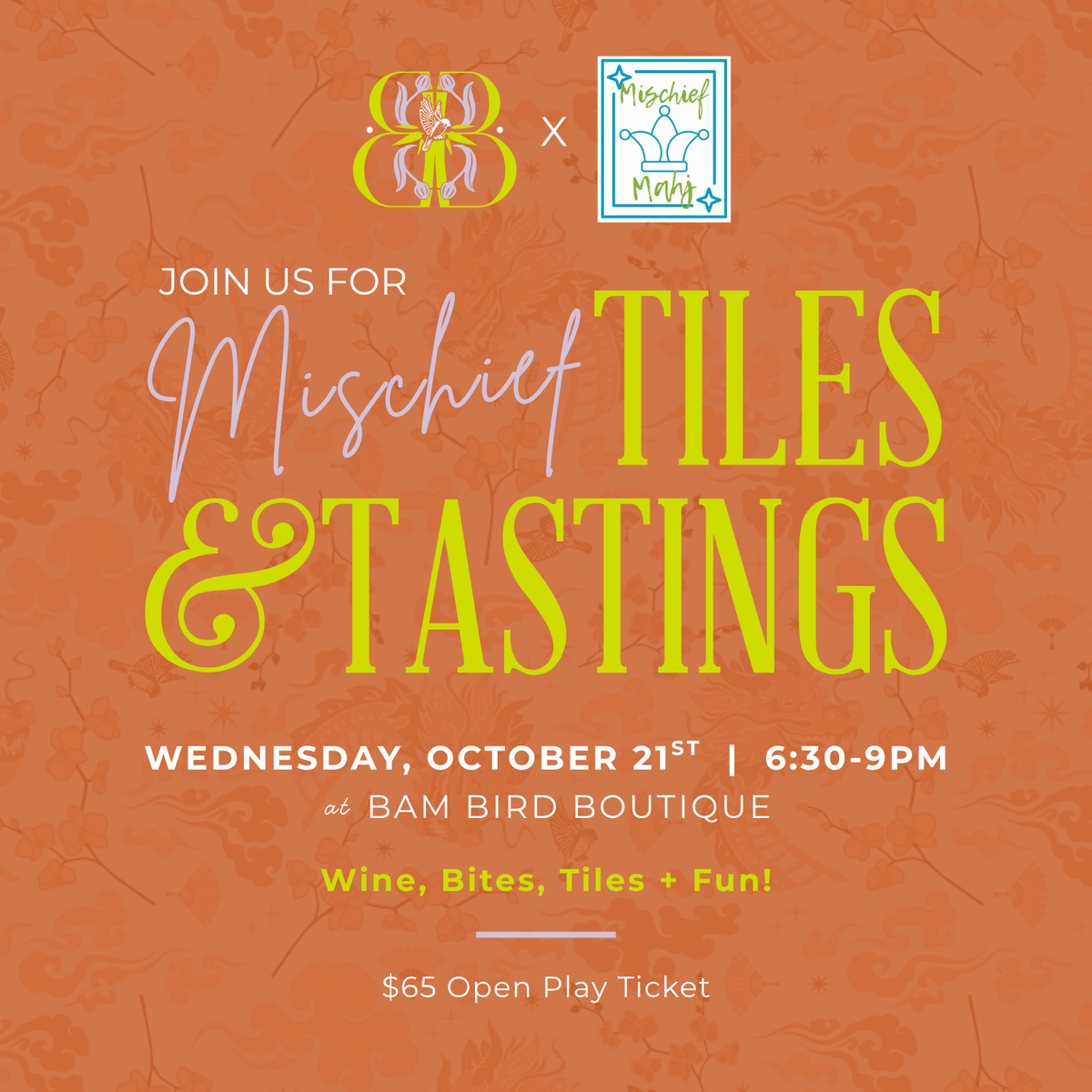 Mischief Mahj: Tiles & Tastings Event - Wed., Oct. 21